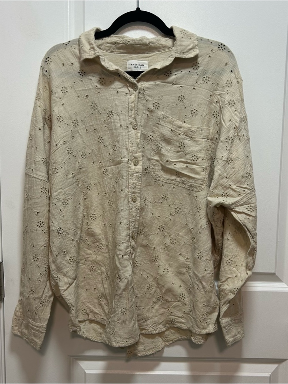 American Eagle Outfitters Beige Eyelet Button-Down Shirt